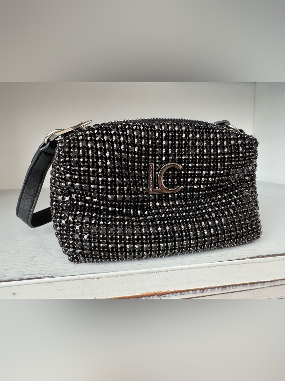 Lola Casademunt Black Beaded Rhinestone Shoulder Crossbody Bag Logo